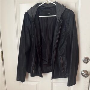Black Faux Leather Jacket with Gray Hood